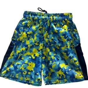 BCG Boys 10-12 Medium Digital Camo shorts Yellow Cran and Royal Blue camo